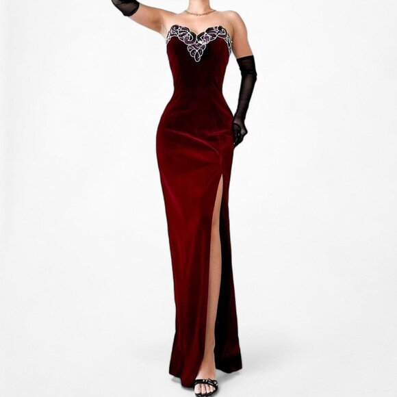 Vintage Burgundy Red Strapless Sequin Beaded Velvet Bodycon Maxi Slit Prom Dress - Picture 1 of 7